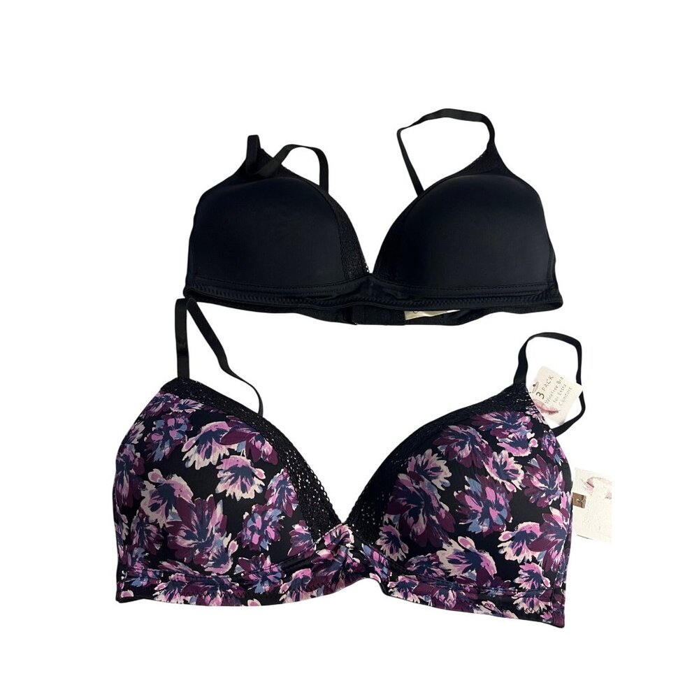 Jessica Simpson Wirefree Bra 2-Pack 36C Black & Purple Floral for extra comfort